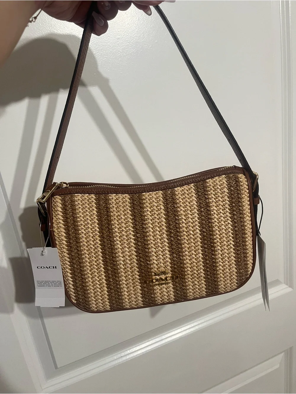 NWT! Coach Kailey Brown Striped Straw Shoulder Bag cbg89 - Picture 2 of 8